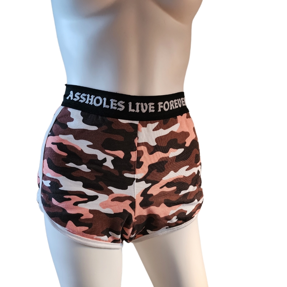 Assholes Live Forever pink camouflage booty shorts